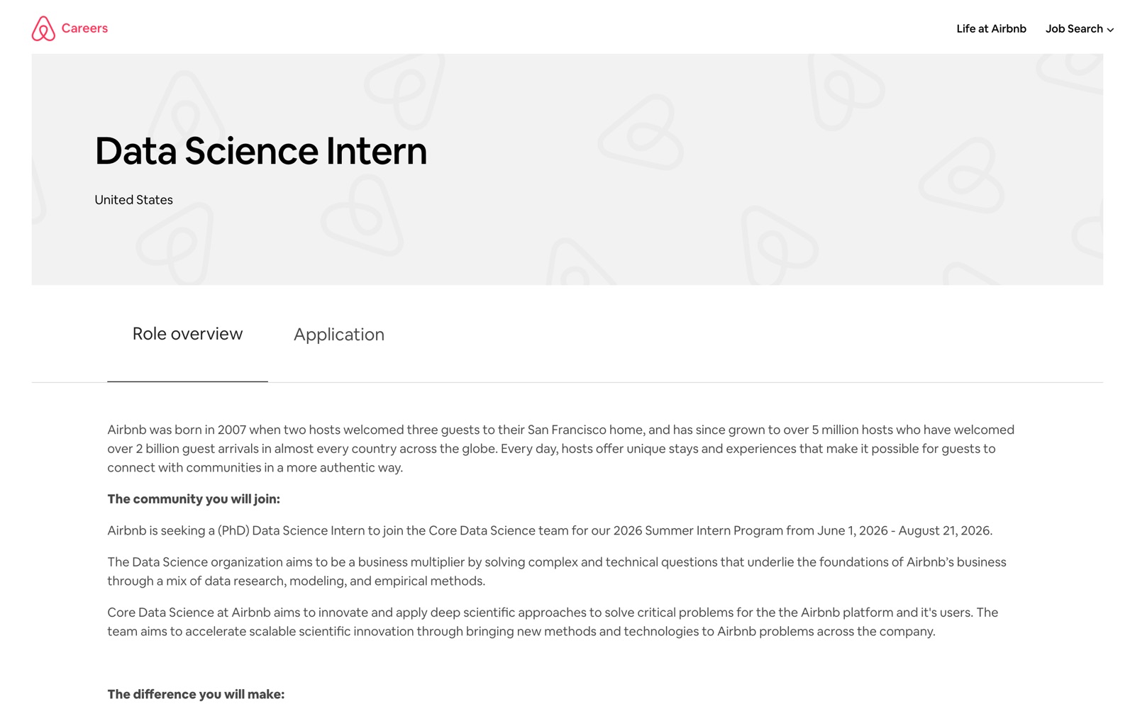Screenshot of an Airbnb Data Science Intern job posting showing the role title, location, and the opening company paragraph followed by a 'The community you will join' section