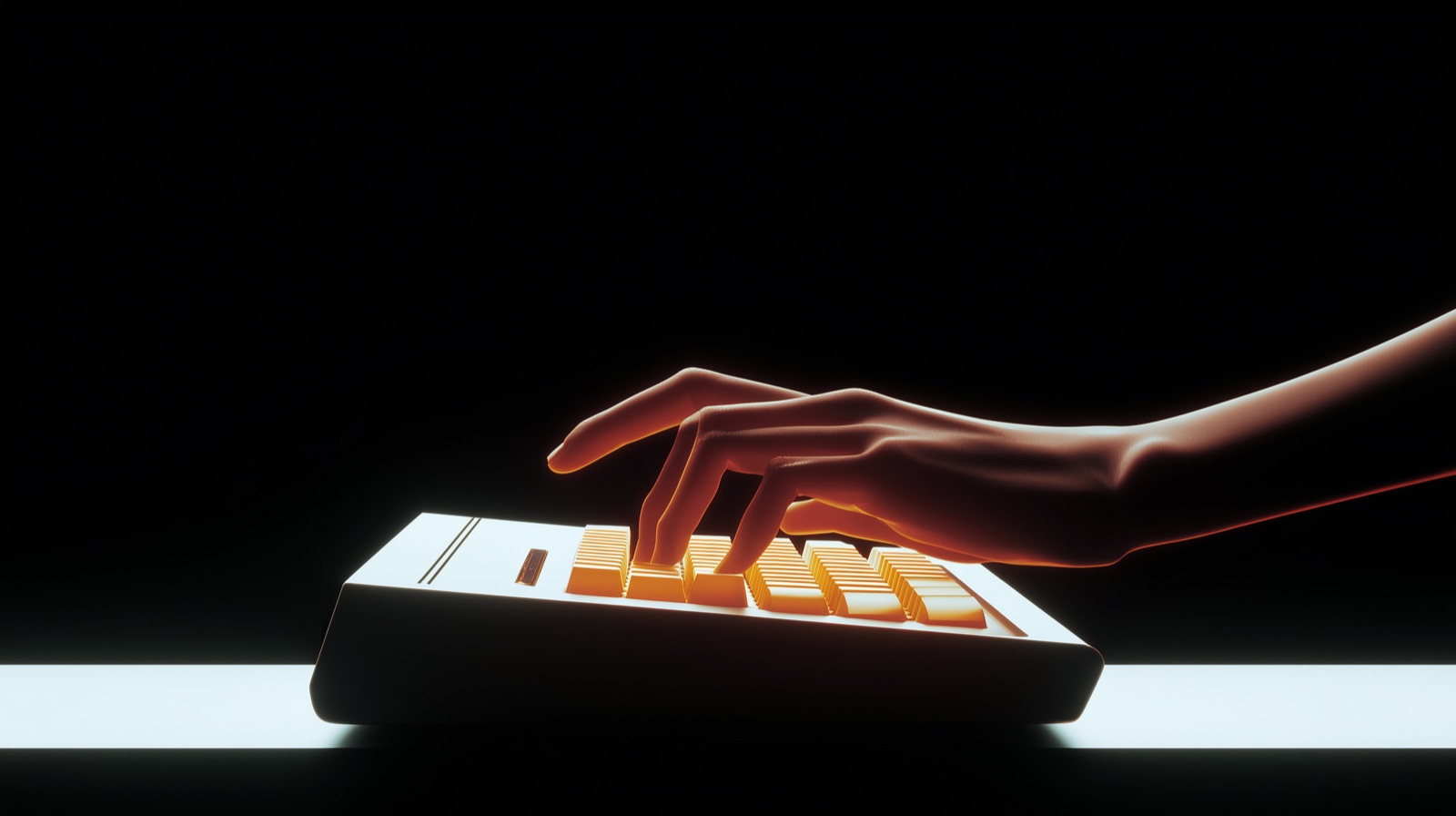 A hand typing on a glowing orange keyboard against a dark background, representing the act of writing a job posting